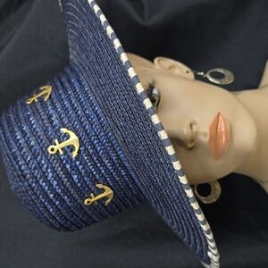Elegant Navy Wide-Brim Hat with Gold Anchor Details